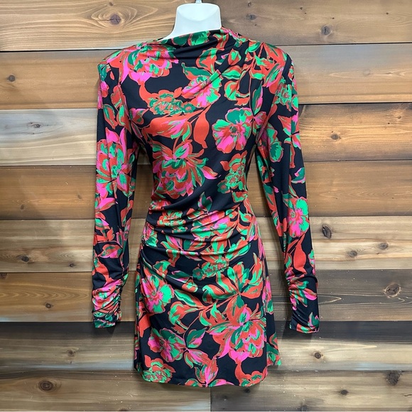 Zara floral mini dress Small long sleeve black brights ruched asymmetrical - Picture 7 of 10